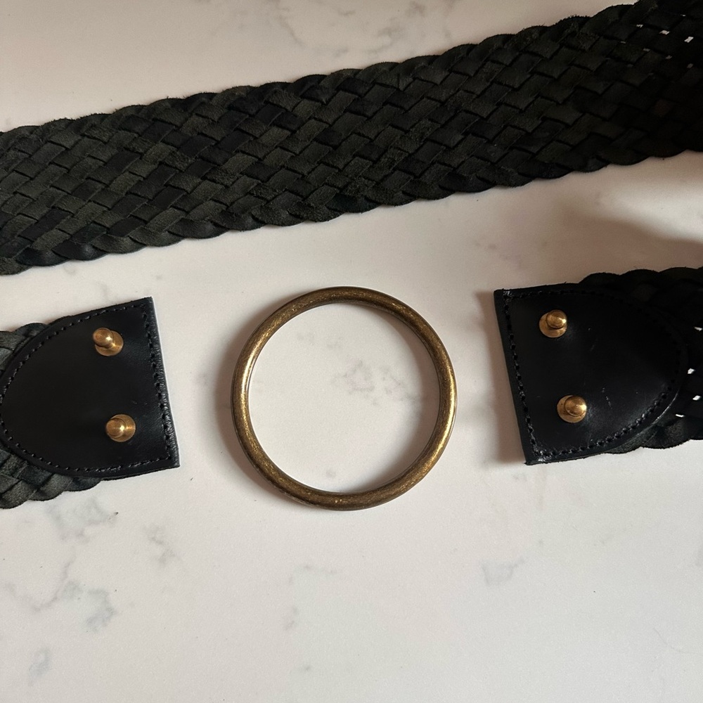 Vintage Black Woven Leather Belt | Brass O-ring Buckle | Boho Western Wide Belt - Picture 2 of 6
